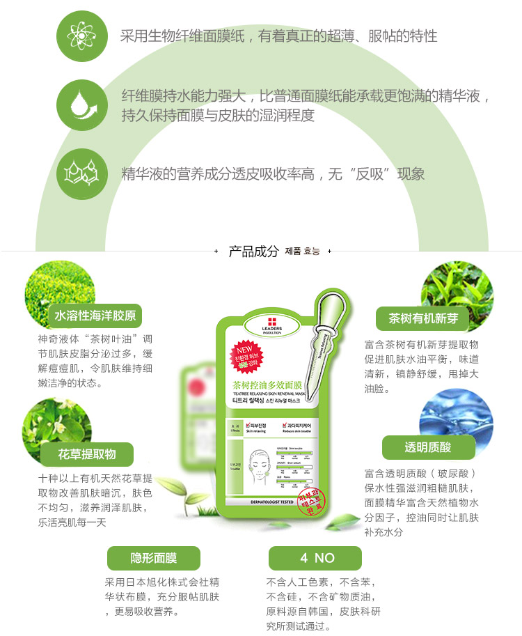 
                                        丽得姿（LEADERS）领先润美茶树控油多效面膜25ml*10片/盒(保湿补水 睡眠 亮肤 护肤品 男女士）                