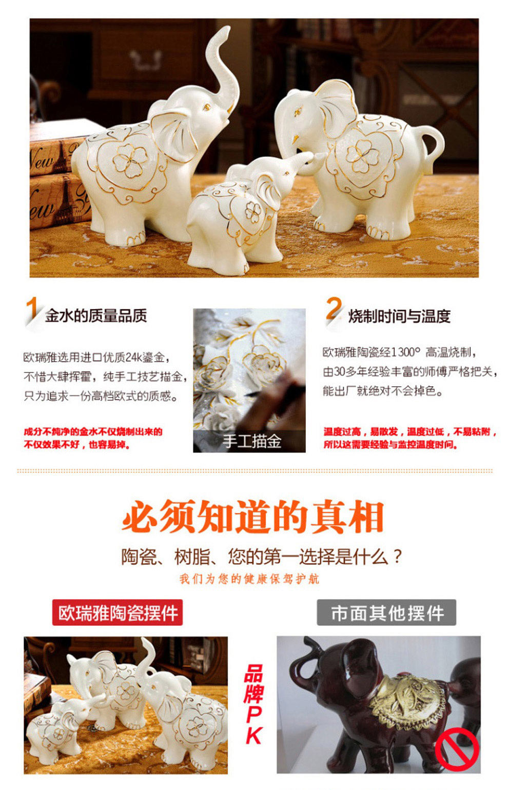 欧瑞雅(RY)陶瓷大象摆件欧式客厅电视柜酒柜书房家居装饰摆件工艺品结婚礼物可爱一家三口