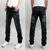 Meihuid Mens Fad Mode Dark Blue Crinkly Slim Fit Straight Leg Jeans Denim Pants meihuid kopen in de aanbieding