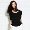 Joy Collection Mazoe Wild Slim Solid Color Ribbed Knit Sleeves V Neck T Shirt S1212 Black All Yards joy collection kopen in de aanbieding
