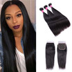Iueenly 7A Unprocessed Virgin Hair With Closure Indian Straight 3 Bundles Human iueenly kopen in de aanbieding