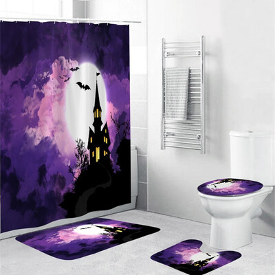 

〖Follure〗Halloween festival 4PCS Non Slip Toilet Polyester Cover Mat Set Bathroom Curtain
