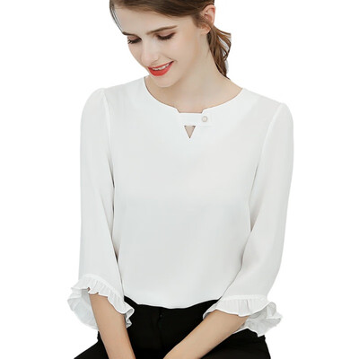 

ROPALIA Spring Summer New Women Ruffles Sleeved Chiffon Blouse Pearl Korean Fashion Solid Slim Female Lady Shirts tops