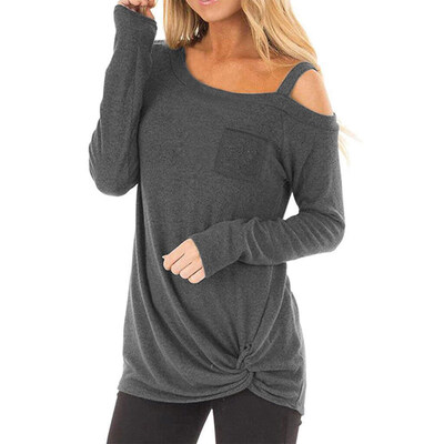 

Women Loose Solid Color Twist Knot Off Shoulder Long Sleeve T-Shirt Tunic Top