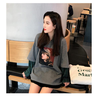 

New fashion casual plaid stitching print fake two long sleeve loose bottoming shirt womens shirt plaid stitching shirt women1