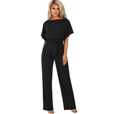 

Plus Size Solid Color Round Neck Short Sleeve Lace Up Party Ladies Jumpsuit High Street Jumpsuits