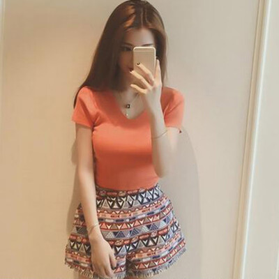 

Summer Backless Bandage Cross Slim V-neck Solid Short Knitted T-shirts For Women Short Sleeves Hollow Out Sexy Summer Top Female