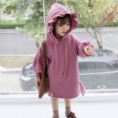 

Baby Hoodies Dress Toddler Baby Fleece Solid Ruched Thick Warm Pullover Lantern Sleeve Clothes 2Colors Kids Sweatshirt