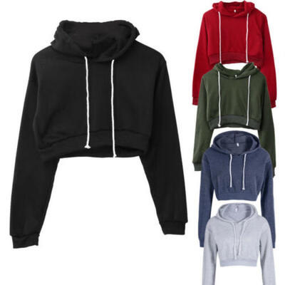 

New Women Fleece Long Sleeve Crop Top Pullover Hooded Sweatshirt Cropped Hoodies