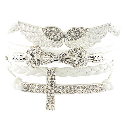 

Fashion Jewelry Accessories Elegant Friendship Crystal Cross Infinity Wings PU Leather Charm Bracelet Bangle for Women