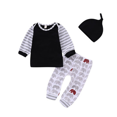 

Baby Boy Autumn Casual Striped Printing Long Sleeve Top And Trousers And Hat Kids Three-piece Outfit Set for Children Clothes