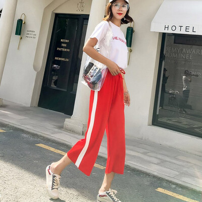 

New Arrival Harajuku Women Side Stripe Long Pants Fashion Buttons Wide Leg Pants Fashion Casual Jogger Calf-Length Pants