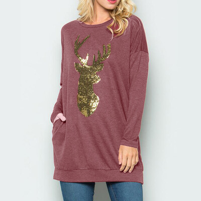 

Gobestart Women Christmas Long Sleeve Wapiti Blouse Sweatshirt Pullover Casual Tops