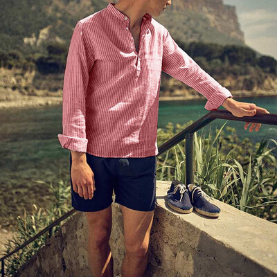 

Toponeto Mens Casual Linen Button Simple Long Sleeve Stripe Loose T Shirt Blouse Top