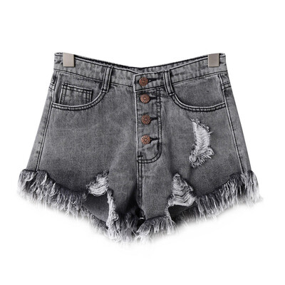 

Women Summer Hole Hot Denim Solid Color High Waist Slim Casual Wide Leg Shorts