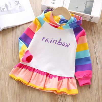 

Toddler Baby Girls Dress 2-7T Autumn Cartoon Rainbow Stripes Print Hooded Sweater Skirt Princess Cute Casual Long Sleeve Dress