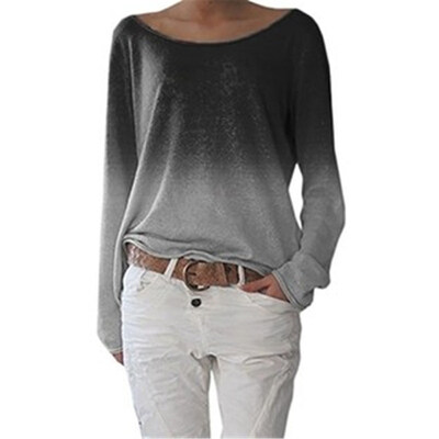 

Autumn Fashion Gradient Color Women Round Neck Long Sleeve Loose T-Shirt Top
