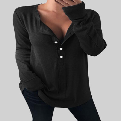 

Comfy V-neck Long Sleeves Buttons Solid Tee