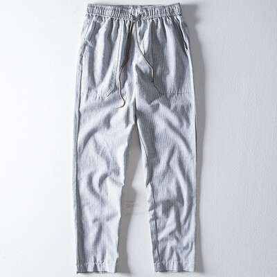 

Gobestart Fashion Men Casual Ethnic Style Striped Cotton Linen Long Pants Casual Trousers