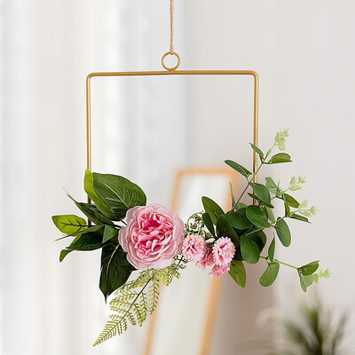 

Novelty Home Kitchen Wall Art Decoration Floral Gold Metal Geometric Hoop Wreath Artificial Flower Garland Hanging Pendant Decor