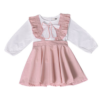 

Autumn Baby Girls Dress Doll Collar Shirt Top Flying Sleeve Strap Dress 2PCS Set Strap Toddler Dress
