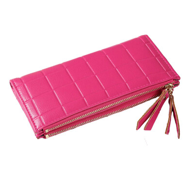 

Women Solid Color Plaid Dual Zipper Long Wallet Purse Faux Leather Card Holder