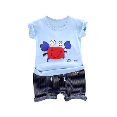 

Cute Cartoon T-shirt For Baby Boy Clothes Set Summer Cartoon Crab Printed Short Sleeve T-shirt Round Collar Casual TopsPants