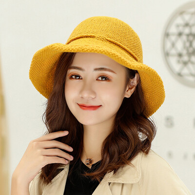 

2019 autumn&winter new Korean version of knitted wool hat wool solid color lady turned along wearing a rope bow warm basin hat