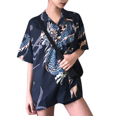 

Short Sleeve Dragon Print Shirts Female Streetwear Summer Women Harajuku Blouse Femme Tops&Blouses