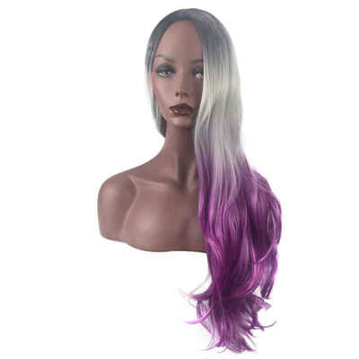 

Women Long Mixed Purple Wavy Curly Cosplay Wigs Heat Resistant Fiber Hairpiece Girl Female Fake Hair