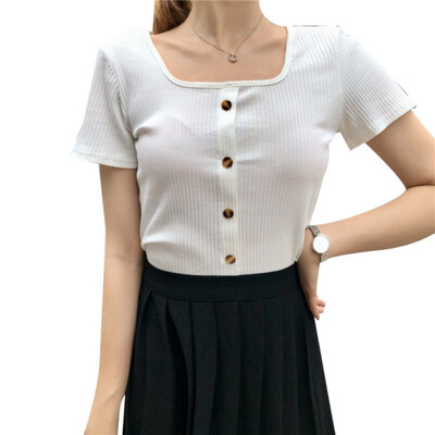 

Spring Autumn Women Solid Color Square Neck Short Sleeve Buttons Knitted T-Shirt