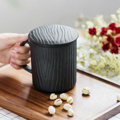 

Black Ceramic Wood Grain All-in-one Coffee Tea Mug With Lid & Infuser 400ml