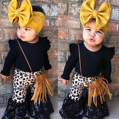 

US Newborn Kid Baby Girl Tops T-shirtLeopard Flared Pants Trouser Autumn Outfit