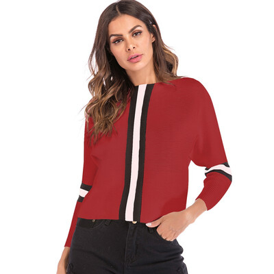 

Sweater 2018 Autumn Sexy Slash Neck Spell Color Striped Top Women Pullovers Casual Long Batwing Sleeve Knitted Sweater Tops