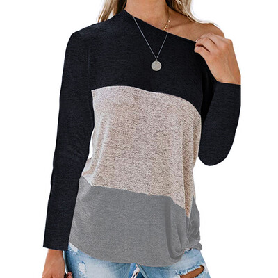 

Female T-shirt Color Matching Women T-shirts Skew Collar Long Sleeve Ladies Tops Shirt Autumn Winte Casual Loose Tee Tops