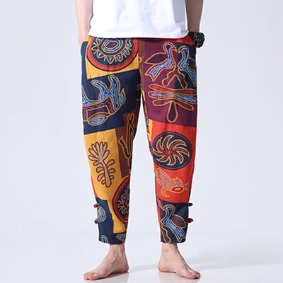 

Gobestart Mens New Style Fashion Ethnic Wind Printed Nine-Cent Pants Large Pants