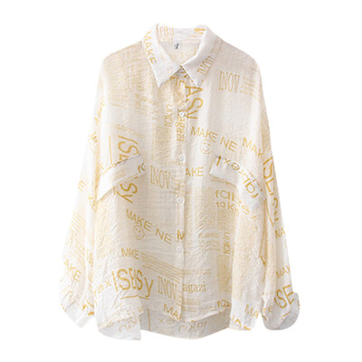 

Vintage Women Fashion Letters Printed Chiffon Shirts Summer Sunscreen Casual Tops Turn Down Collar Long Sleeve Blouse Shirt