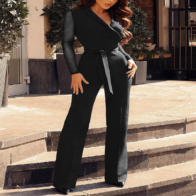 

Notched Lapel Solid Mesh Spliced Long Sleeve Strappy Maxi Wrap Jumpsuit