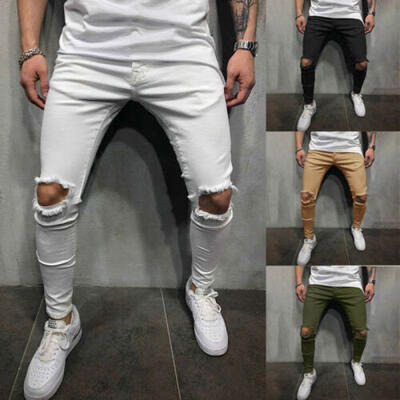 

Mens Skinny Ripped Jeans Broken Hole Pants Destroyed Frayed Denim Slim Trousers