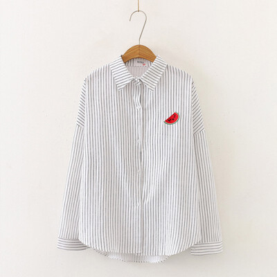 

Fruit Embroidery Female Shirts Outwear Tops Autumn Women Cotton Blouse Office Lady V-neck Button Loose Clothing