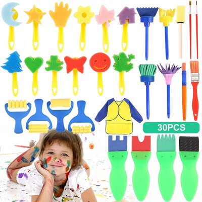 

30Pcs Kids Painting Brushes Sponges Paint Apron Set for Children Toddler