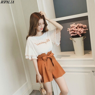 

Womens Fashion O-Neck Letter Print Short Petal Sleeve Top And Shorts Sets Sweet Elastic WaistDrawstring 2 Piece Set