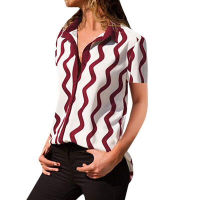 

Womens Striped Digital Print Turn-down Collar Casual Short Sleeve Button Ladie Office Fashion Loose Single Breasted Blouse