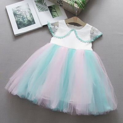 

Children Summer Girls Chiffon Cute Rainbow Print Mesh Stitching Bottoming Short Sleeved Sweet Princess Dress