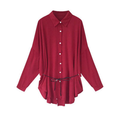 

EFINNY Women Mid-length Long Blouse Spring Autumn Long Sleeve Solid Color Loose Shirt Chiffon Blouse with Belt