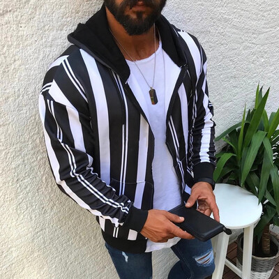 

Toponeto Men Splicing Stripe Zipper Pullover Long Sleeve Hooded Sweatshirt Tops Blouse