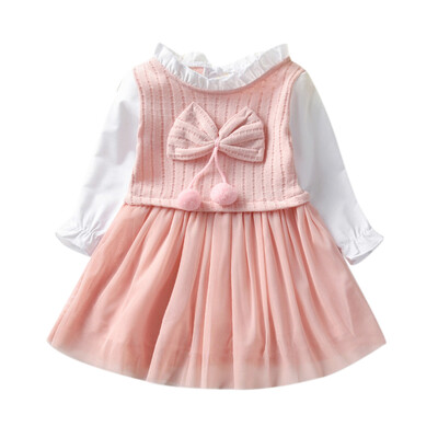 

Autumn Casual Baby Girls Bowknot Design Long Sleeve Fake 2 Piece Mesh Dress Kids Princess Sundress 2019