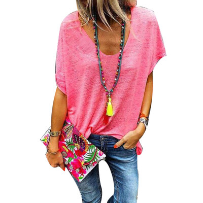 

Plus Size Candy Color V Neck Short Sleeve T-Shirt Summer Tee Women Loose Top