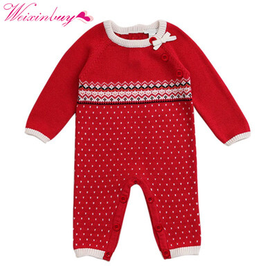 

Baby Warm Thick Winter Knitted Red Printed Flower Rompers Newborn Boys Girls Jumpsuit Clothes Christmas Romper