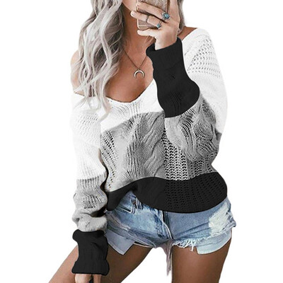 

Gobestart Women Casual V-Neck Pullover long Sleeve Patchwork Loose Knitted Sweater Tops